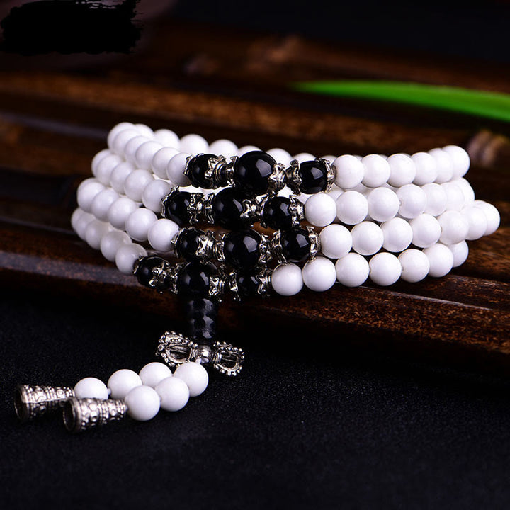 Buddha Stones 108 Mala Beads White Porcelain Six True Words 'Om Mani Padme Hum' Patience Bracelet