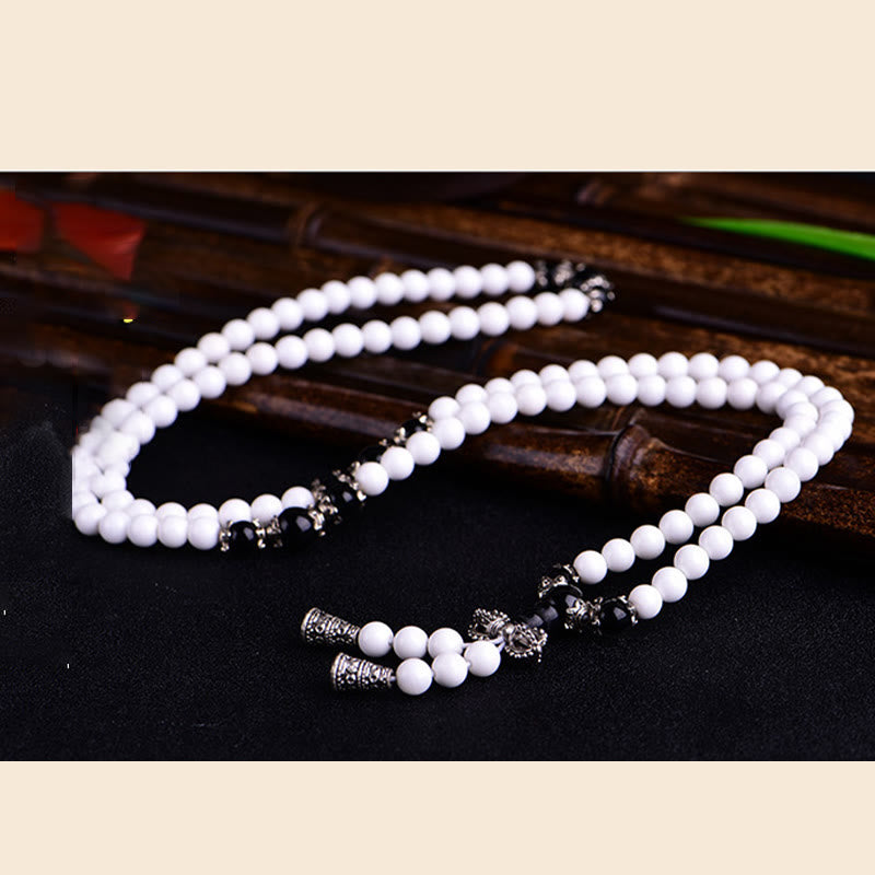 Buddha Stones 108 Mala Beads White Porcelain Six True Words 'Om Mani Padme Hum' Patience Bracelet