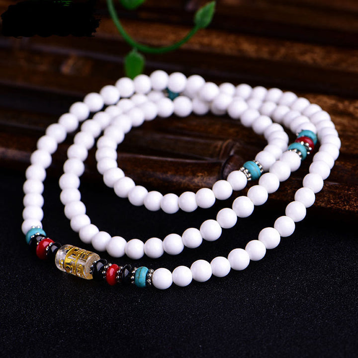 Buddha Stones 108 Mala Beads White Porcelain Six True Words 'Om Mani Padme Hum' Patience Bracelet