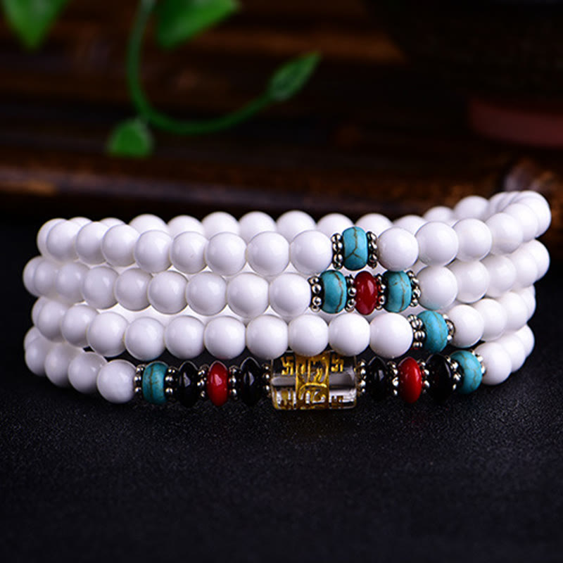 Buddha Stones 108 Mala Beads White Porcelain Six True Words 'Om Mani Padme Hum' Patience Bracelet