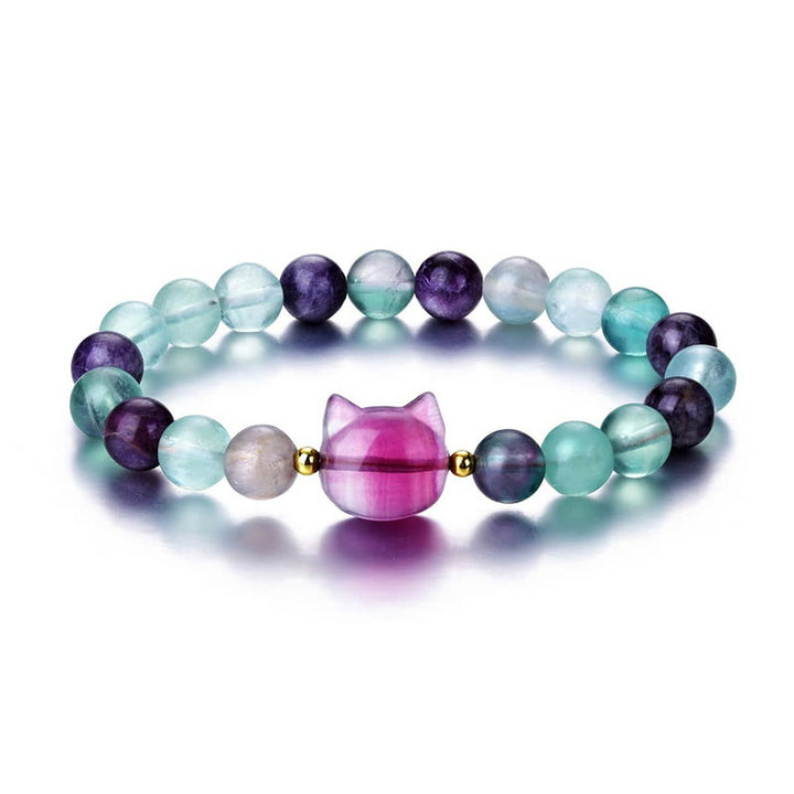 Buddha Stones Amethyst Green Aventurine Rose Quartz Fluorite Cat Head Balance Luck Bracelet