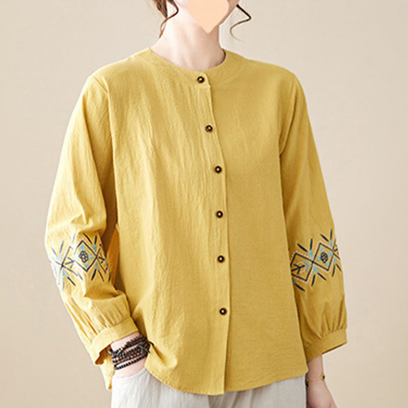 Buddha Stones Geometry Embroidery Long Sleeve Button Cotton Linen Women's Shirts - image 3