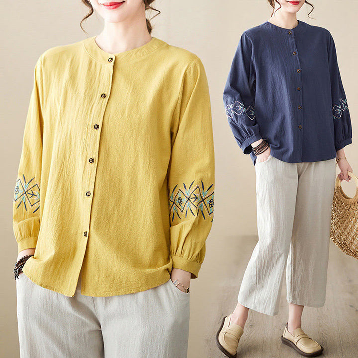 Buddha Stones Geometry Embroidery Long Sleeve Button Cotton Linen Women's Shirts