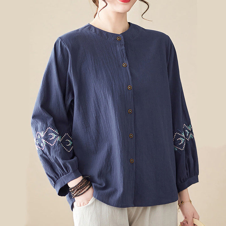 Buddha Stones Geometry Embroidery Long Sleeve Button Cotton Linen Women's Shirts