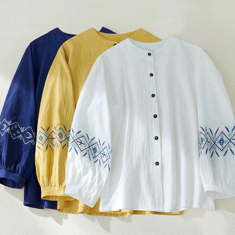 Buddha Stones Geometry Embroidery Long Sleeve Button Cotton Linen Women's Shirts