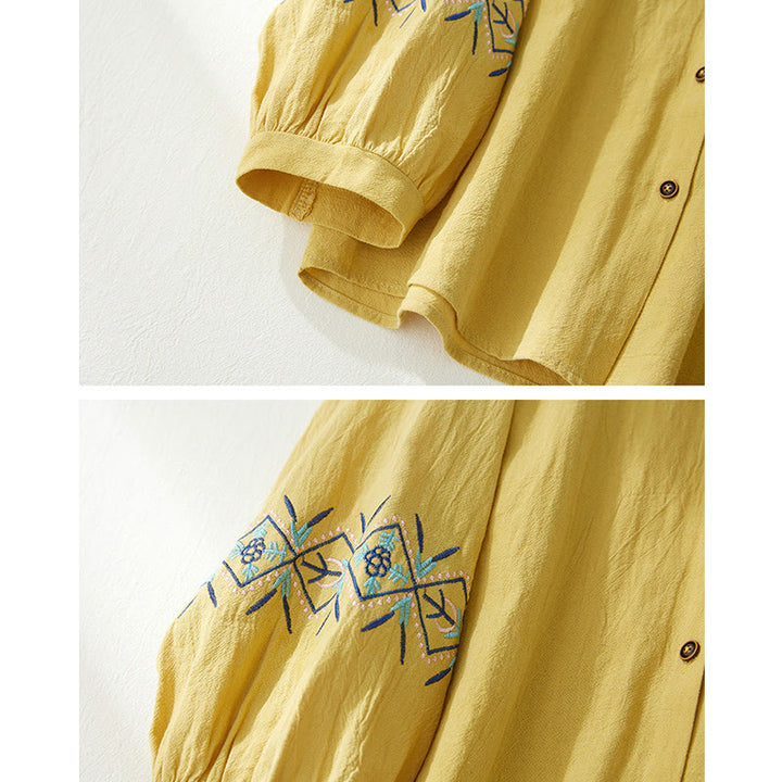 Buddha Stones Geometry Embroidery Long Sleeve Button Cotton Linen Women's Shirts - image 7