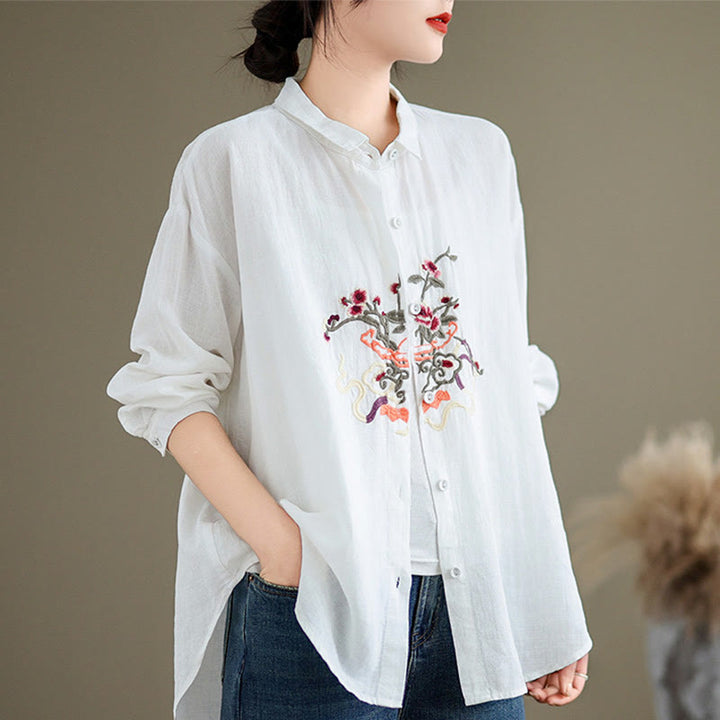 Buddha Stones Flower Embroidery Long Sleeve Cotton Linen Women's Shirts