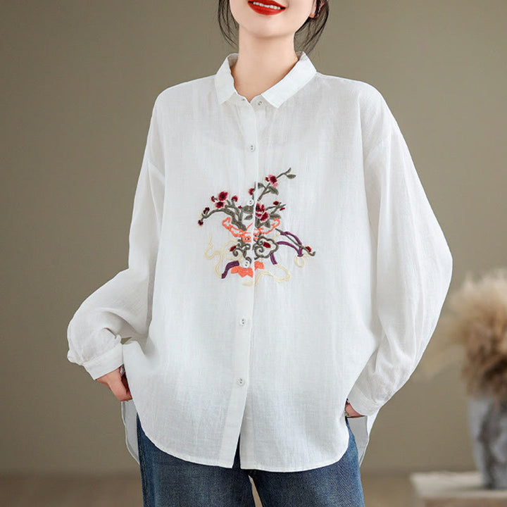 Buddha Stones Flower Embroidery Long Sleeve Cotton Linen Women's Shirts