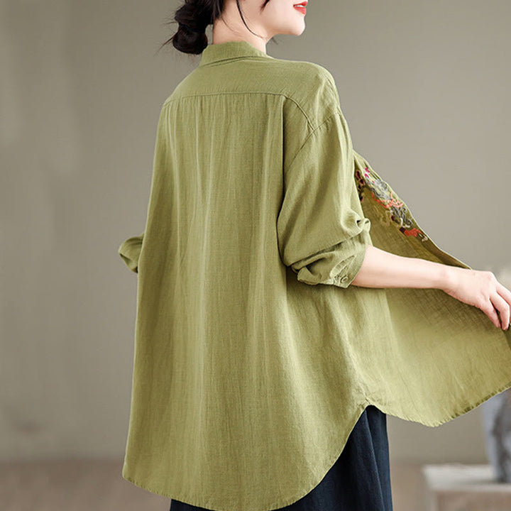 Buddha Stones Flower Embroidery Long Sleeve Cotton Linen Women's Shirts