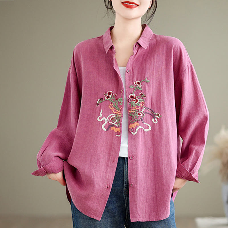 Buddha Stones Flower Embroidery Long Sleeve Cotton Linen Women's Shirts