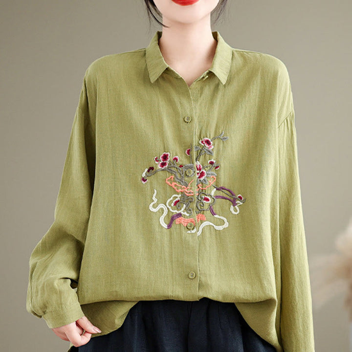 Buddha Stones Flower Embroidery Long Sleeve Cotton Linen Women's Shirts