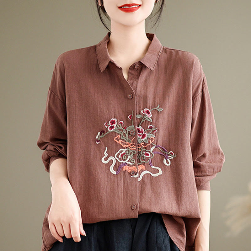 Buddha Stones Flower Embroidery Long Sleeve Cotton Linen Women's Shirts