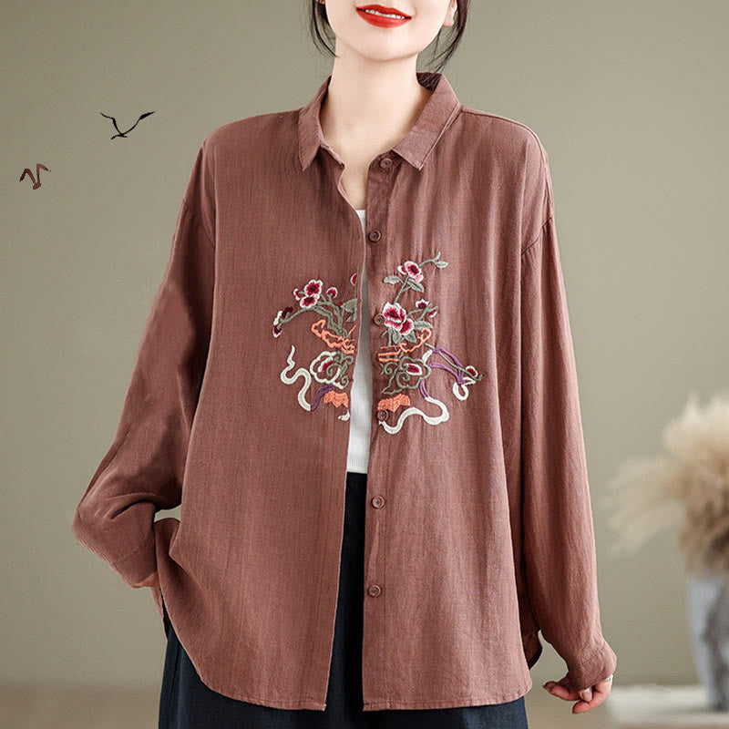 Buddha Stones Flower Embroidery Long Sleeve Cotton Linen Women's Shirts