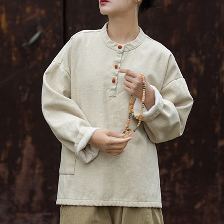 Buddha Stones Retro Solid Color Thermal Long Sleeve Ramie Linen Women's Shirt - image 7