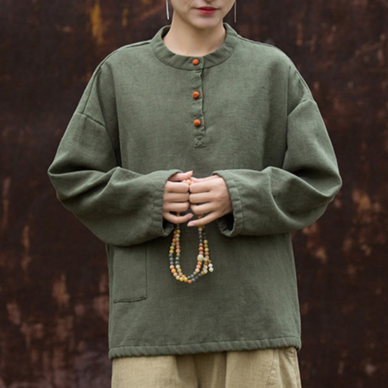 Buddha Stones Retro Solid Color Thermal Long Sleeve Ramie Linen Women's Shirt - image 10