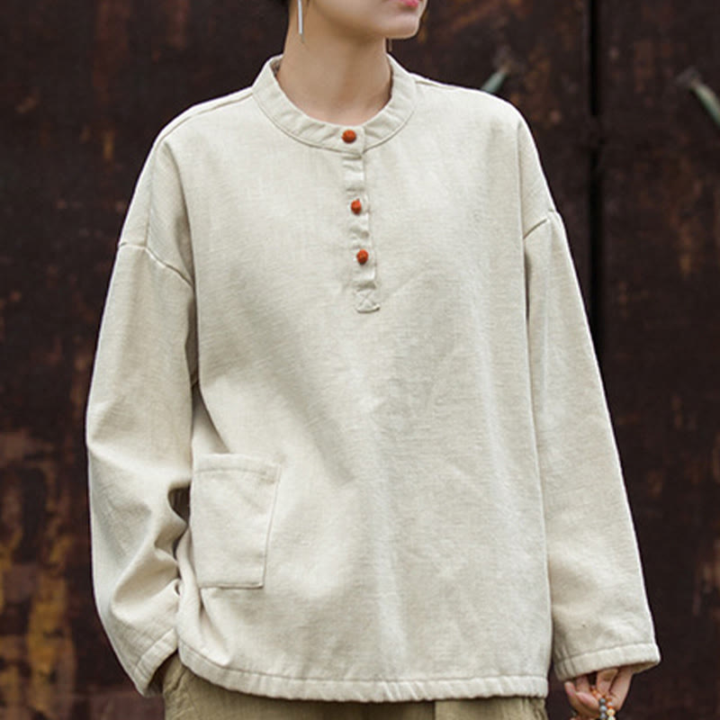 Buddha Stones Retro Solid Color Thermal Long Sleeve Ramie Linen Women's Shirt - image 2