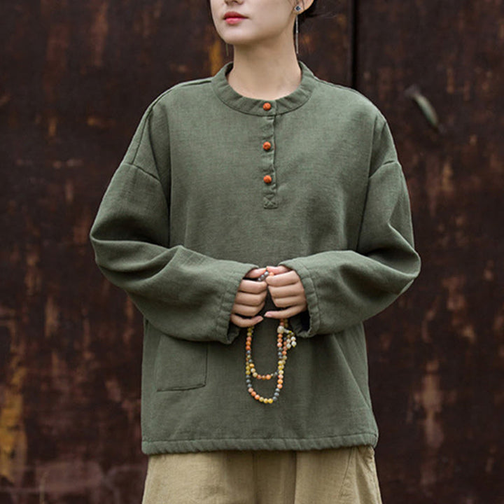 Buddha Stones Retro Solid Color Thermal Long Sleeve Ramie Linen Women's Shirt - Green - US4-8/10，UK/AU8-12/14，EU36-40/42 (F) - image 9