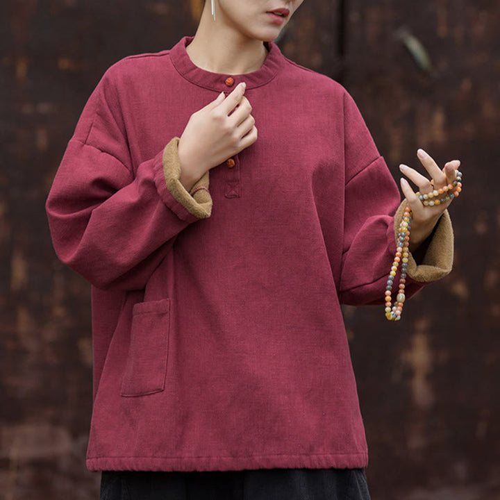 Buddha Stones Retro Solid Color Thermal Long Sleeve Ramie Linen Women's Shirt - image 22