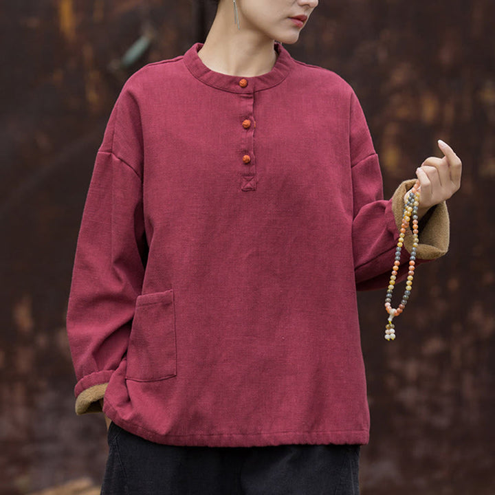 Buddha Stones Retro Solid Color Thermal Long Sleeve Ramie Linen Women's Shirt