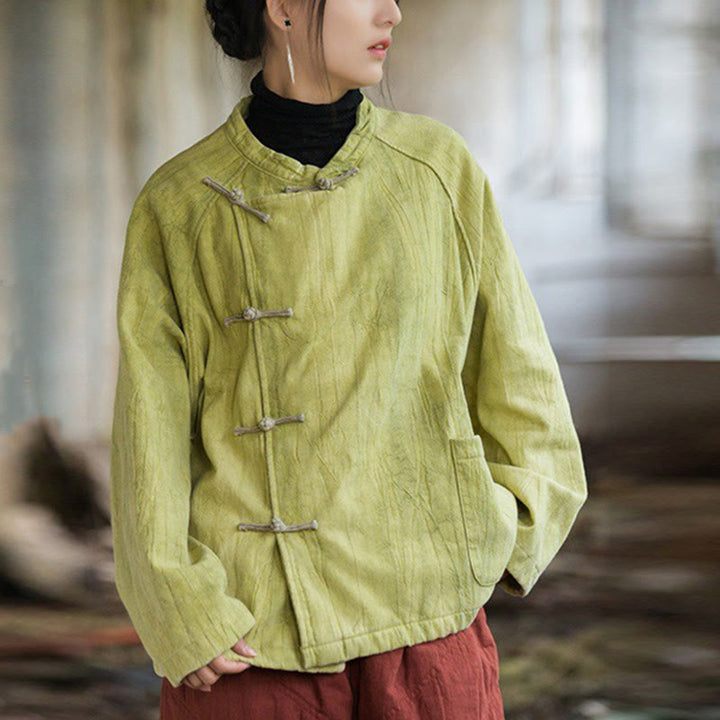 Buddha Stones Solid Color Frog-button Thermal Long Sleeve Ramie Linen Women's Shirt - GreenYellow - US4-12，UK/AU8-16，EU36-44 (F) - image 17