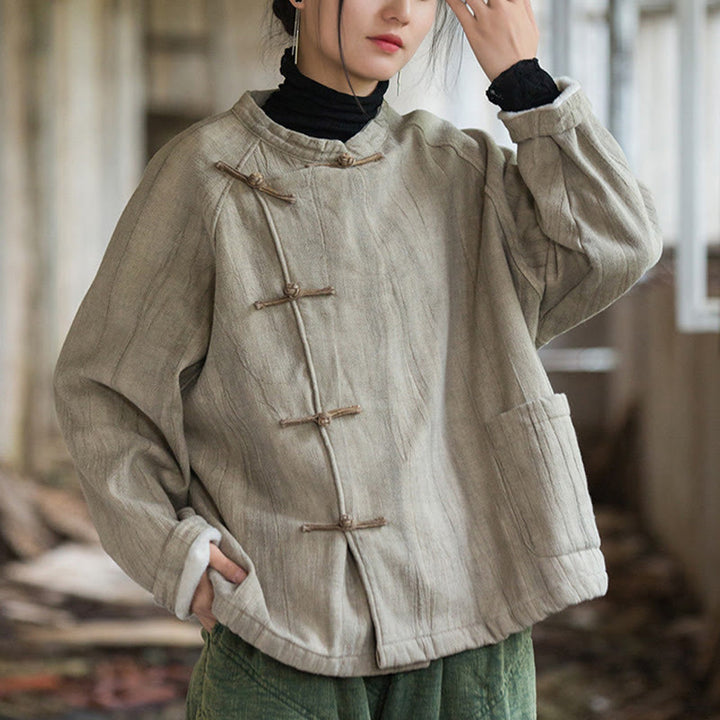 Buddha Stones Solid Color Frog-button Thermal Long Sleeve Ramie Linen Women's Shirt - image 4