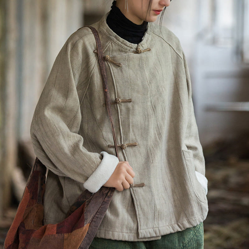 Buddha Stones Solid Color Frog-button Thermal Long Sleeve Ramie Linen Women's Shirt - image 6