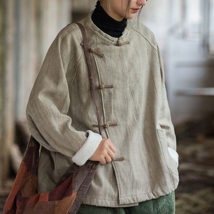 Buddha Stones Solid Color Frog-button Thermal Long Sleeve Ramie Linen Women's Shirt - image 6