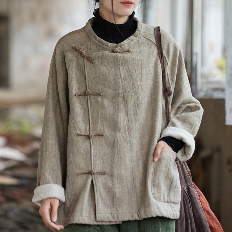 Buddha Stones Solid Color Frog-button Thermal Long Sleeve Ramie Linen Women's Shirt - Oat - US4-12，UK/AU8-16，EU36-44 (F) - image 0