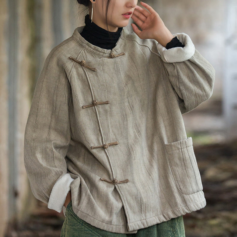 Buddha Stones Solid Color Frog-button Thermal Long Sleeve Ramie Linen Women's Shirt - image 3