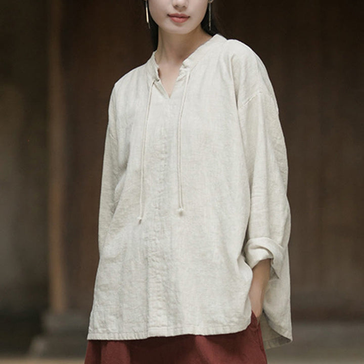 Buddha Stones Retro Solid Color Long Sleeve Ramie Linen Women's Shirt