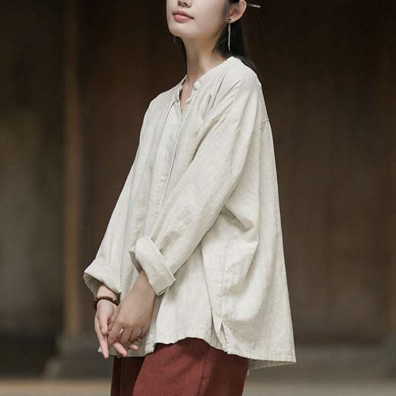 Buddha Stones Retro Solid Color Long Sleeve Ramie Linen Women's Shirt - image 10