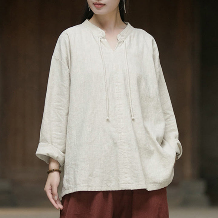 Buddha Stones Retro Solid Color Long Sleeve Ramie Linen Women's Shirt