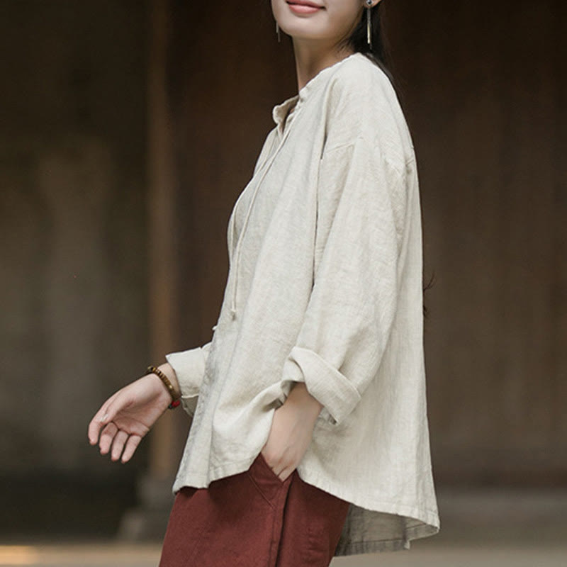 Buddha Stones Retro Solid Color Long Sleeve Ramie Linen Women's Shirt - image 4