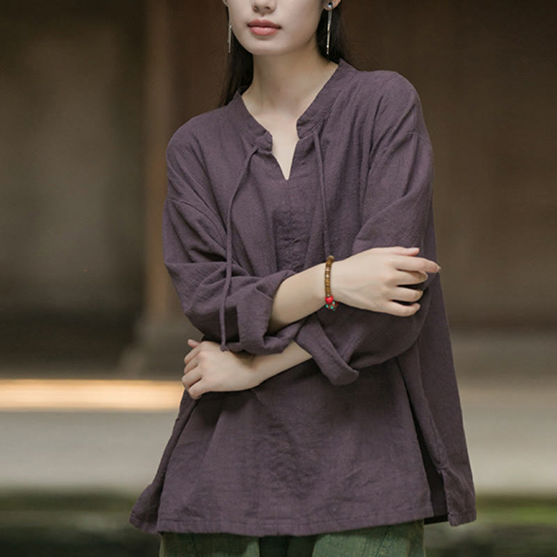 Buddha Stones Retro Solid Color Long Sleeve Ramie Linen Women's Shirt - image 18
