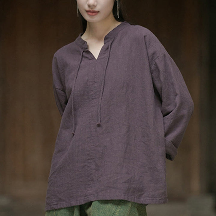 Buddha Stones Retro Solid Color Long Sleeve Ramie Linen Women's Shirt - image 17