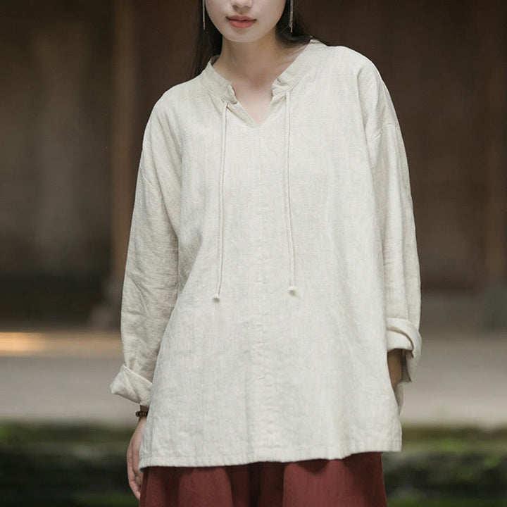 Buddha Stones Retro Solid Color Long Sleeve Ramie Linen Women's Shirt