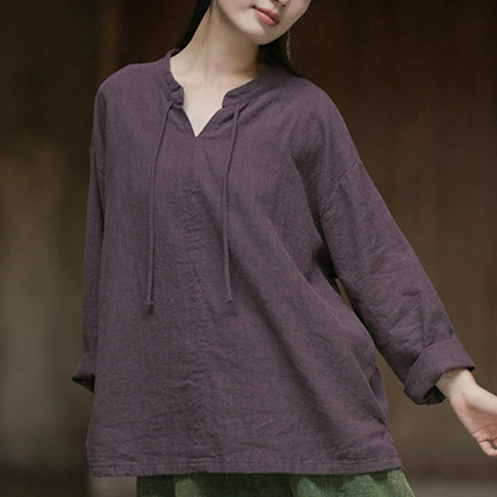 Buddha Stones Retro Solid Color Long Sleeve Ramie Linen Women's Shirt