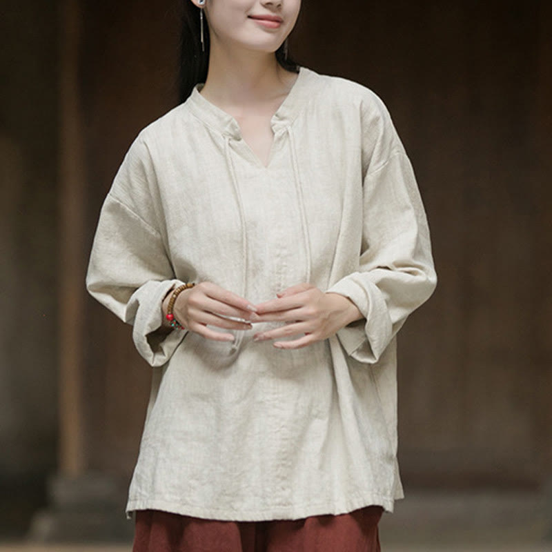 Buddha Stones Retro Solid Color Long Sleeve Ramie Linen Women's Shirt - image 8