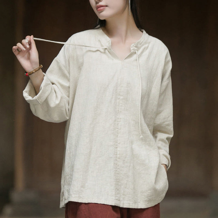 Buddha Stones Retro Solid Color Long Sleeve Ramie Linen Women's Shirt - Beige - US4-12，UK/AU8-16，EU36-44 (F) - image 0