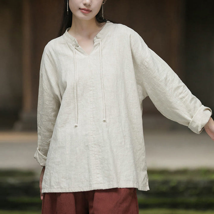 Buddha Stones Retro Solid Color Long Sleeve Ramie Linen Women's Shirt - image 6
