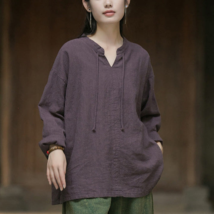 Buddha Stones Retro Solid Color Long Sleeve Ramie Linen Women's Shirt - image 19
