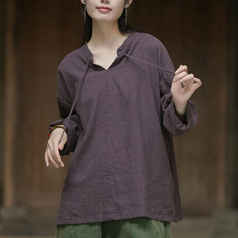 Buddha Stones Retro Solid Color Long Sleeve Ramie Linen Women's Shirt - image 21