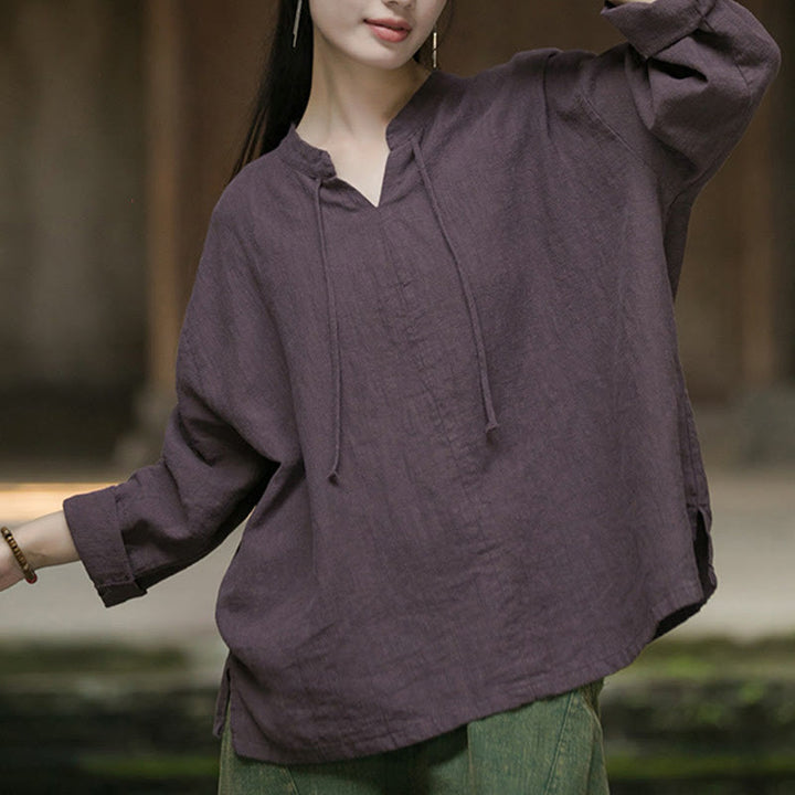 Buddha Stones Retro Solid Color Long Sleeve Ramie Linen Women's Shirt