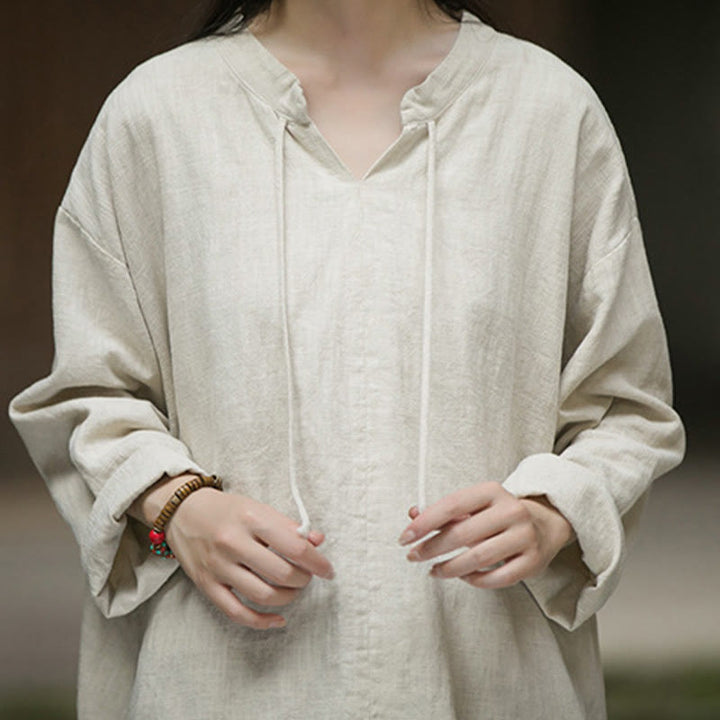 Buddha Stones Retro Solid Color Long Sleeve Ramie Linen Women's Shirt - image 12