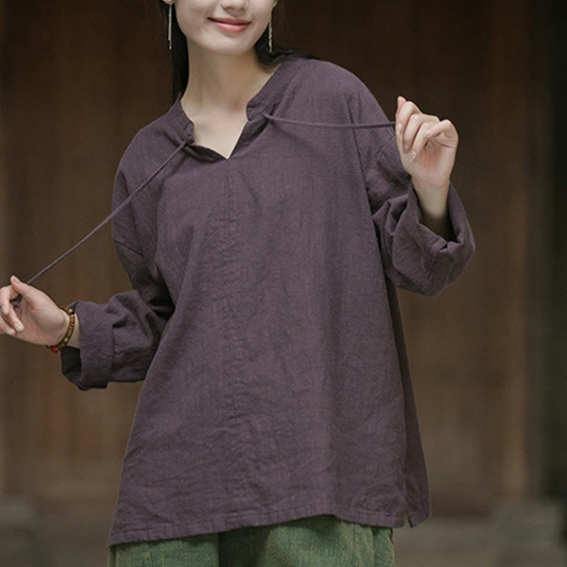 Buddha Stones Retro Solid Color Long Sleeve Ramie Linen Women's Shirt - Purple - US4-12，UK/AU8-16，EU36-44 (F) - image 14