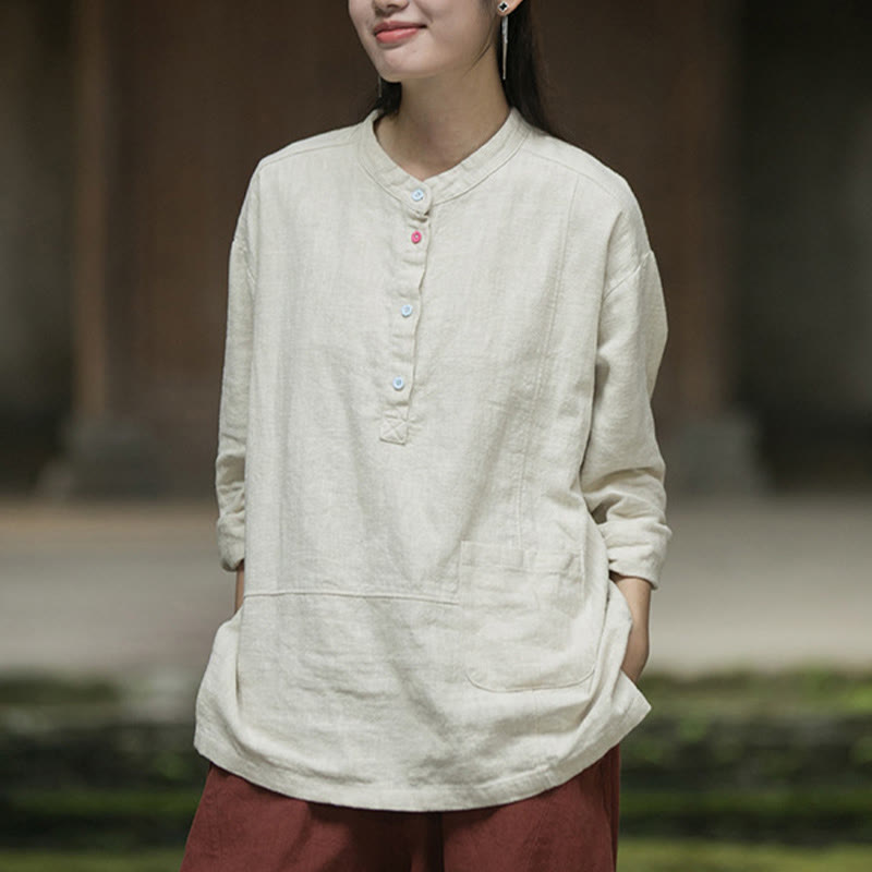 Buddha Stones Solid Color Long Sleeve Ramie Linen Half Button Women's Shirt