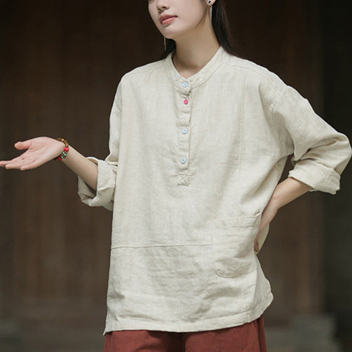 Buddha Stones Solid Color Long Sleeve Ramie Linen Half Button Women's Shirt