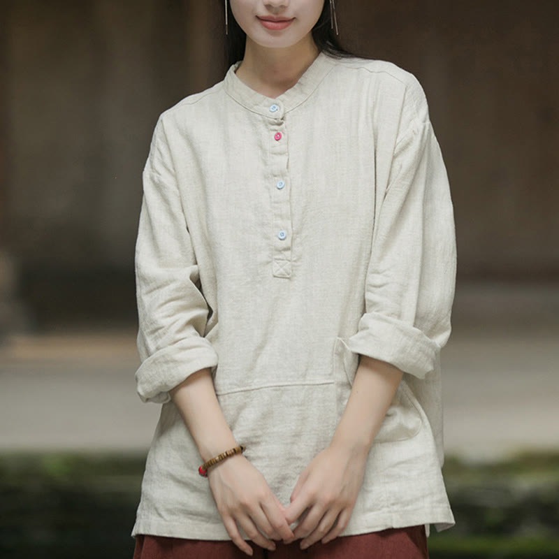 Buddha Stones Solid Color Long Sleeve Ramie Linen Half Button Women's Shirt