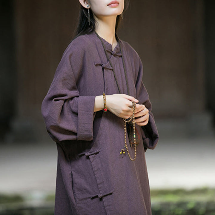 Buddha Stones Solid Color Frog-Button Long Sleeve Ramie Linen Midi Dress