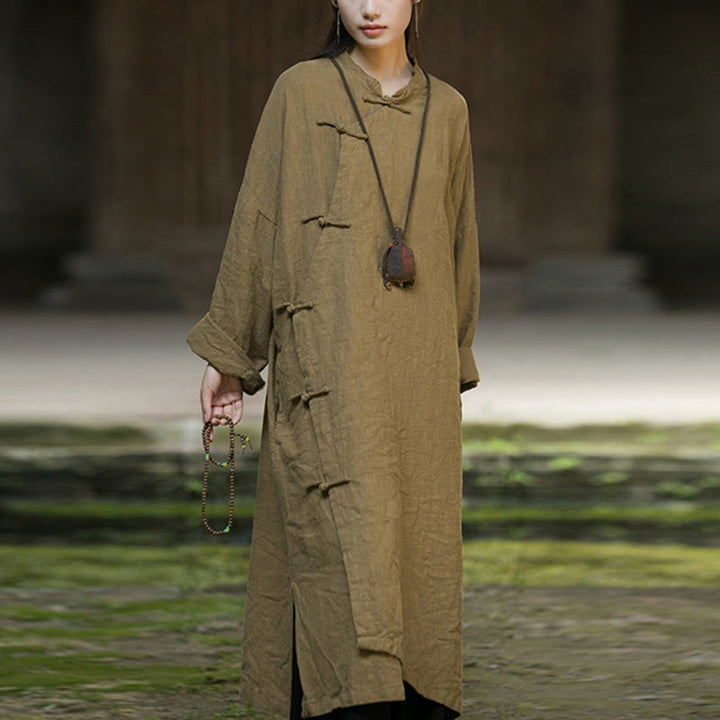 Buddha Stones Solid Color Frog-Button Long Sleeve Ramie Linen Midi Dress